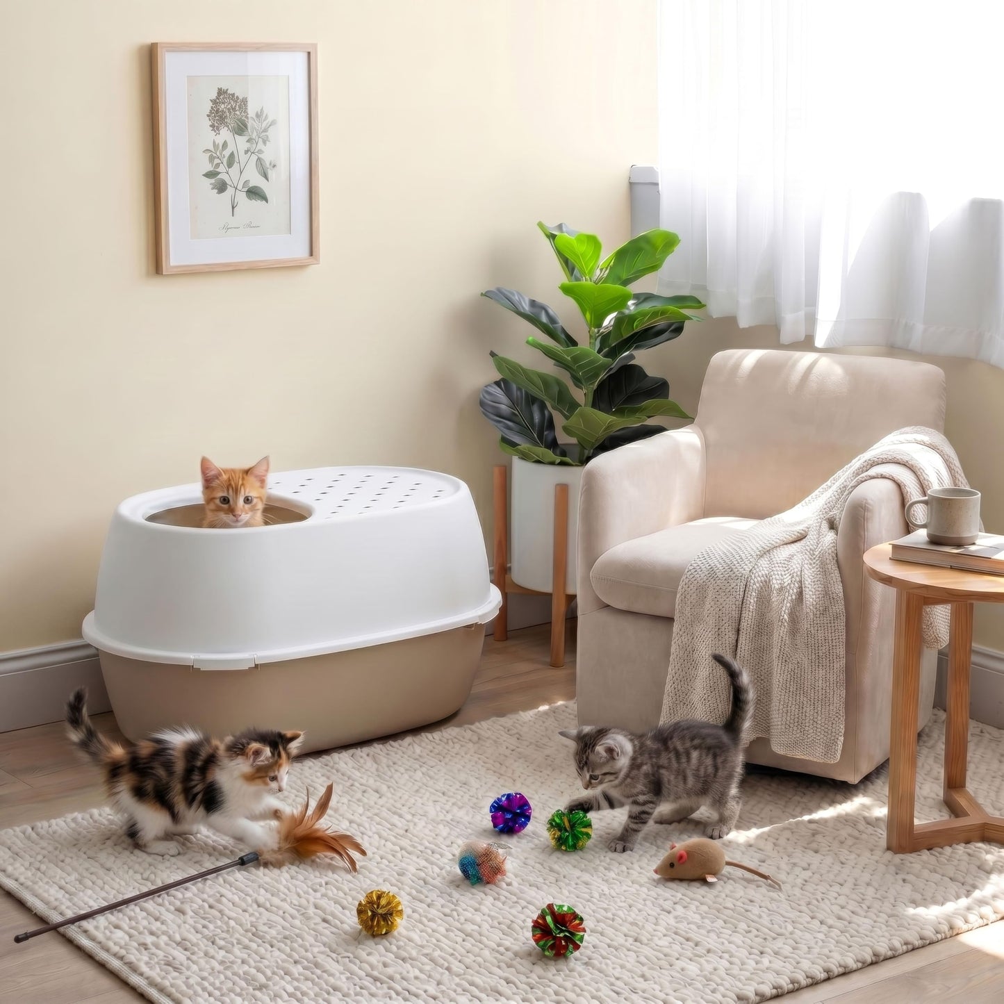 IRIS USA Extra Large Litter Box XXL Open Top High Sided Walls Scatter Shield Scoop Included Easy Clean Plastic Pan for Big Cats Multi-Cat Households 30" L x 20" W x 14" H Black