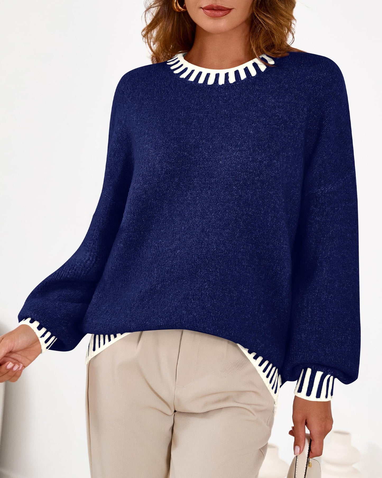 KIRUNDO Oversized Sweaters for Women 2026 Long Sleeve Crewneck Fall Tops Contrast Chunky Knit Pullover Winter Clothes