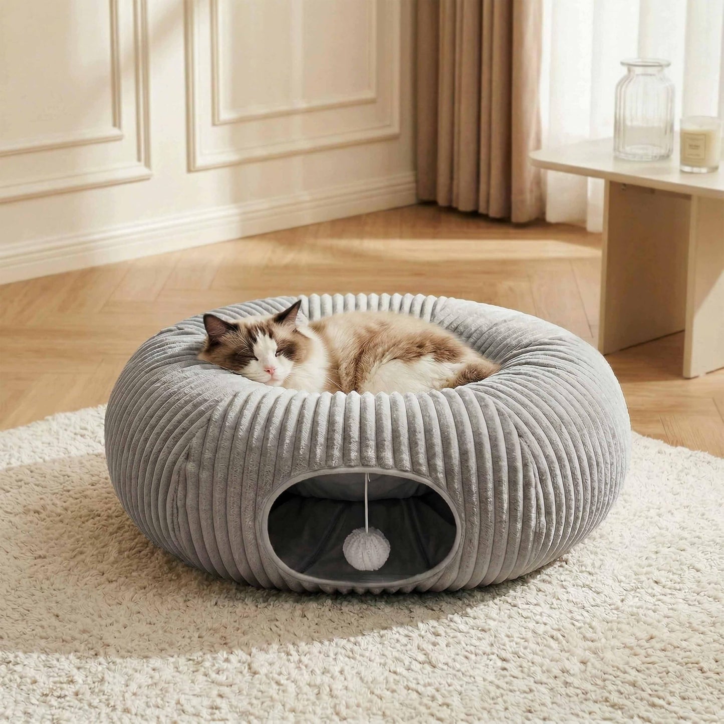 Cat Tunnel Bed with 40 Pcs Interactive Cat Toys, Cat Tube with Kitten Toys for Indoor Kittens, Collapsible Play Tunnel, White