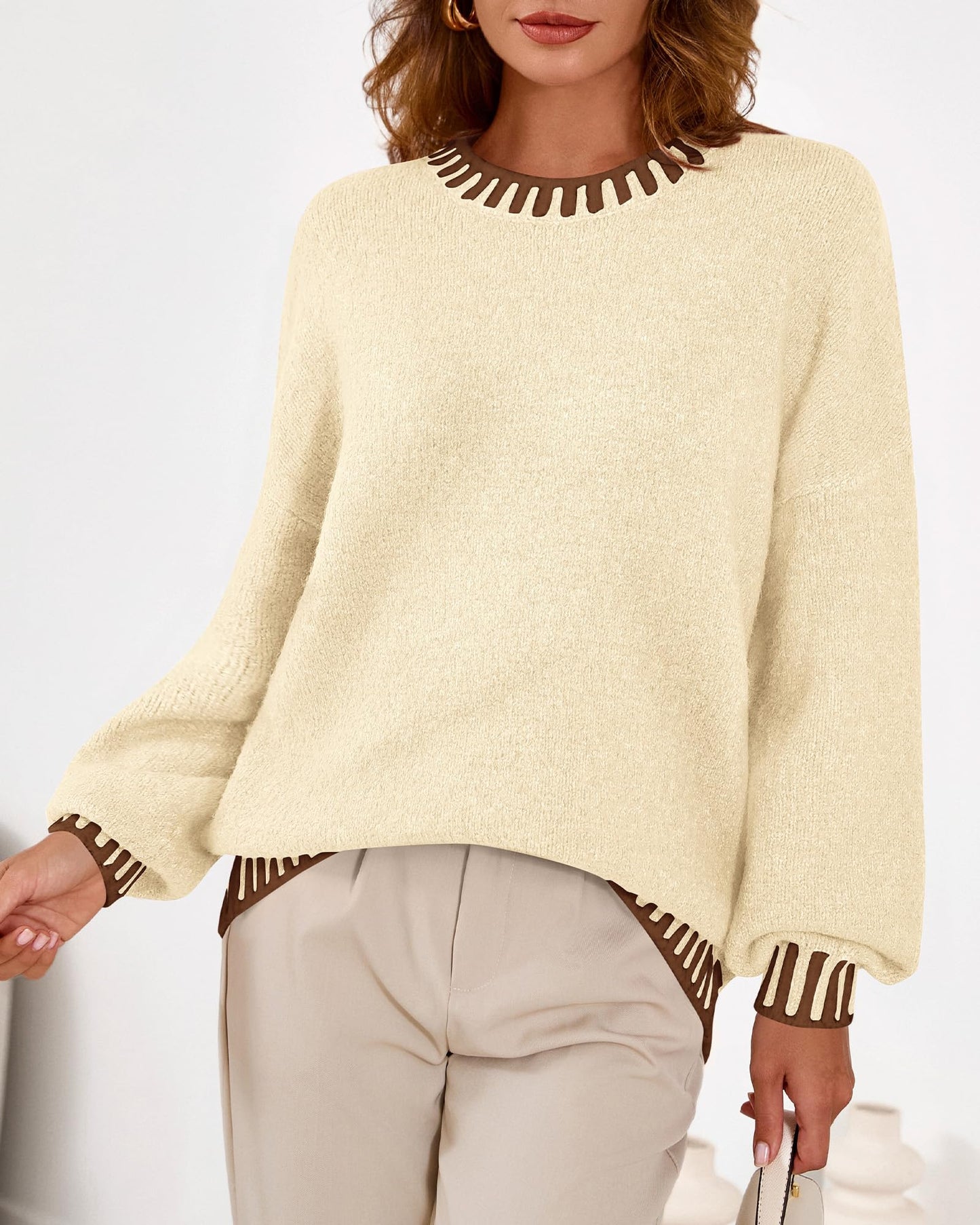 KIRUNDO Oversized Sweaters for Women 2026 Long Sleeve Crewneck Fall Tops Contrast Chunky Knit Pullover Winter Clothes