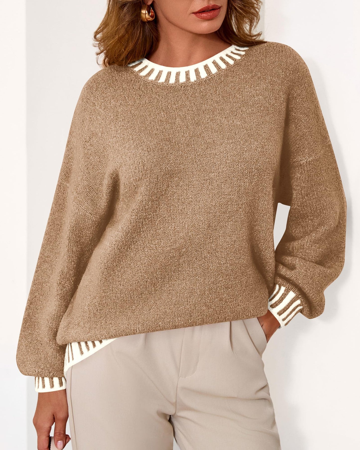 KIRUNDO Oversized Sweaters for Women 2026 Long Sleeve Crewneck Fall Tops Contrast Chunky Knit Pullover Winter Clothes