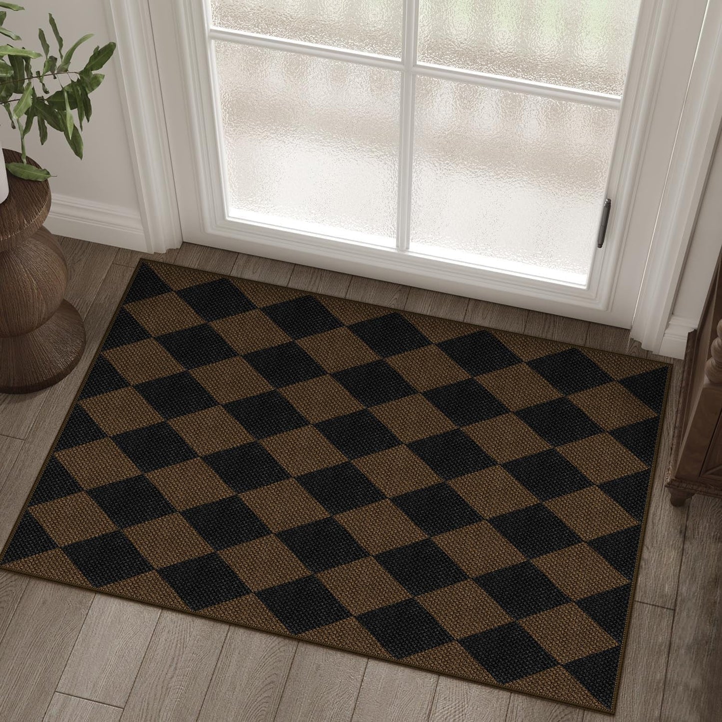 Rugalia Easy Jute Checkered Entryway Rug, 2x3 Black Modern Indoor Outdoor Doormat, Washable Non-Slip Neutral Small Kitchen Rug Farmhouse Diamond Throw Rugs for Entrance Bedroom Bathroom