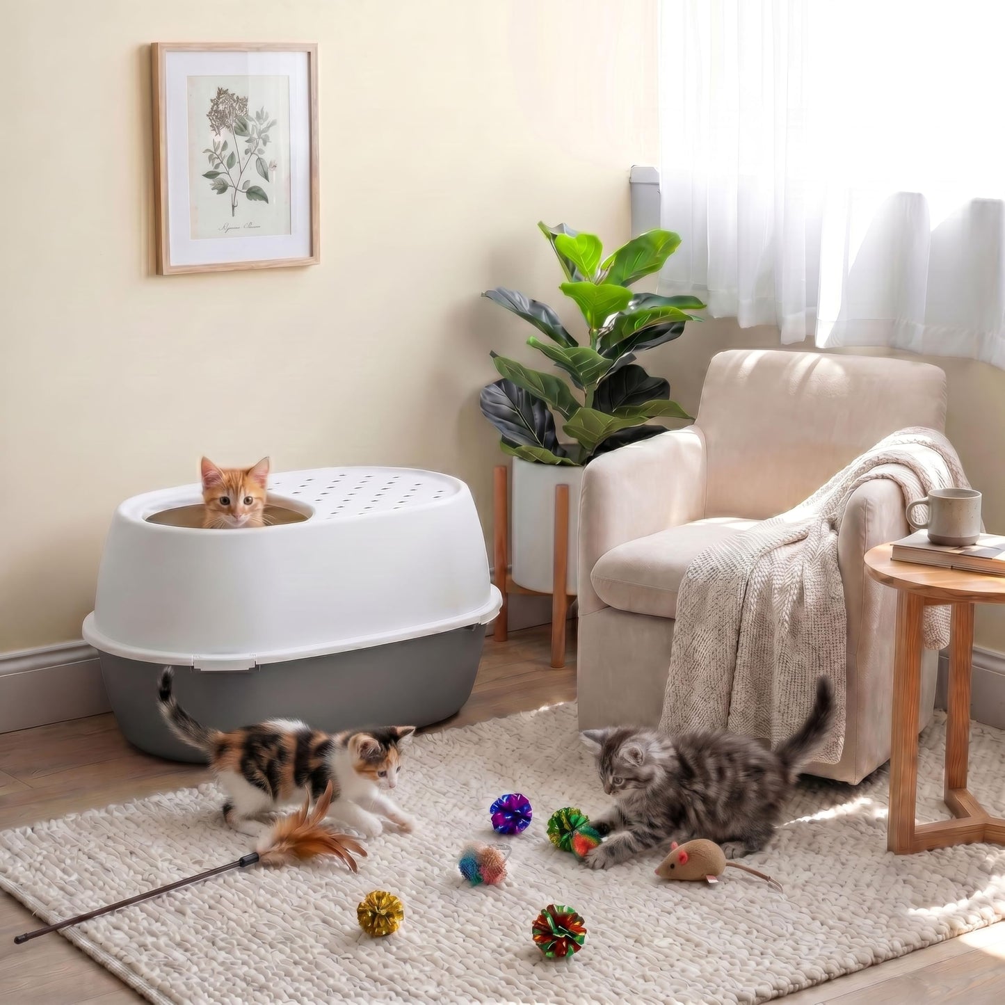 IRIS USA Extra Large Litter Box XXL Open Top High Sided Walls Scatter Shield Scoop Included Easy Clean Plastic Pan for Big Cats Multi-Cat Households 30" L x 20" W x 14" H Black