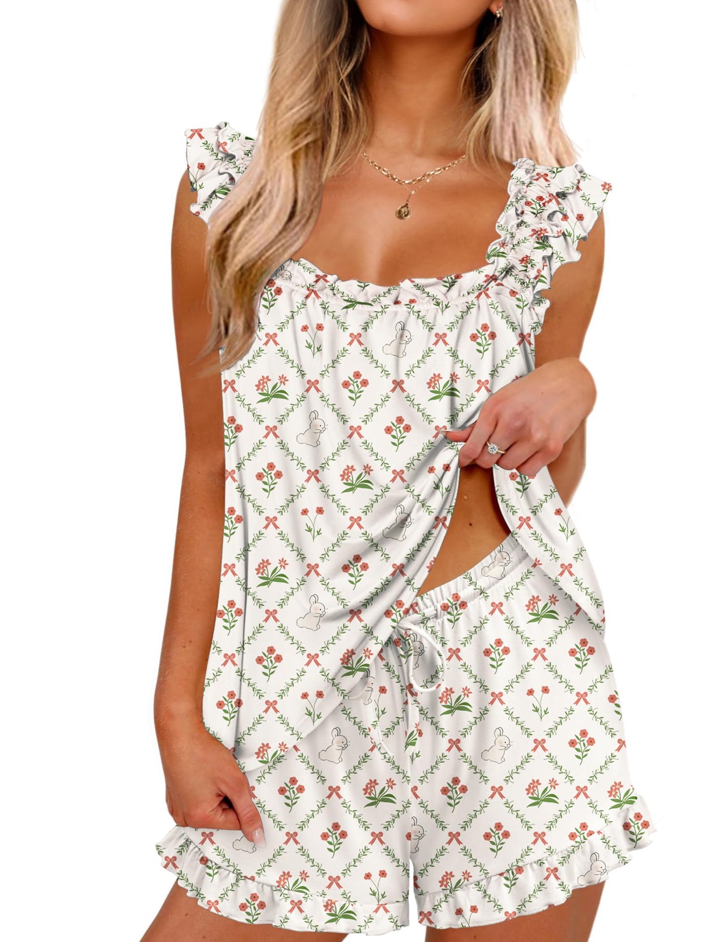 Ekouaer Pajama for Women Set 2 Piece Ruffle Pjs Soft Tank Top and Shorts Sleepwear Set Bridal Pajama Set for Women