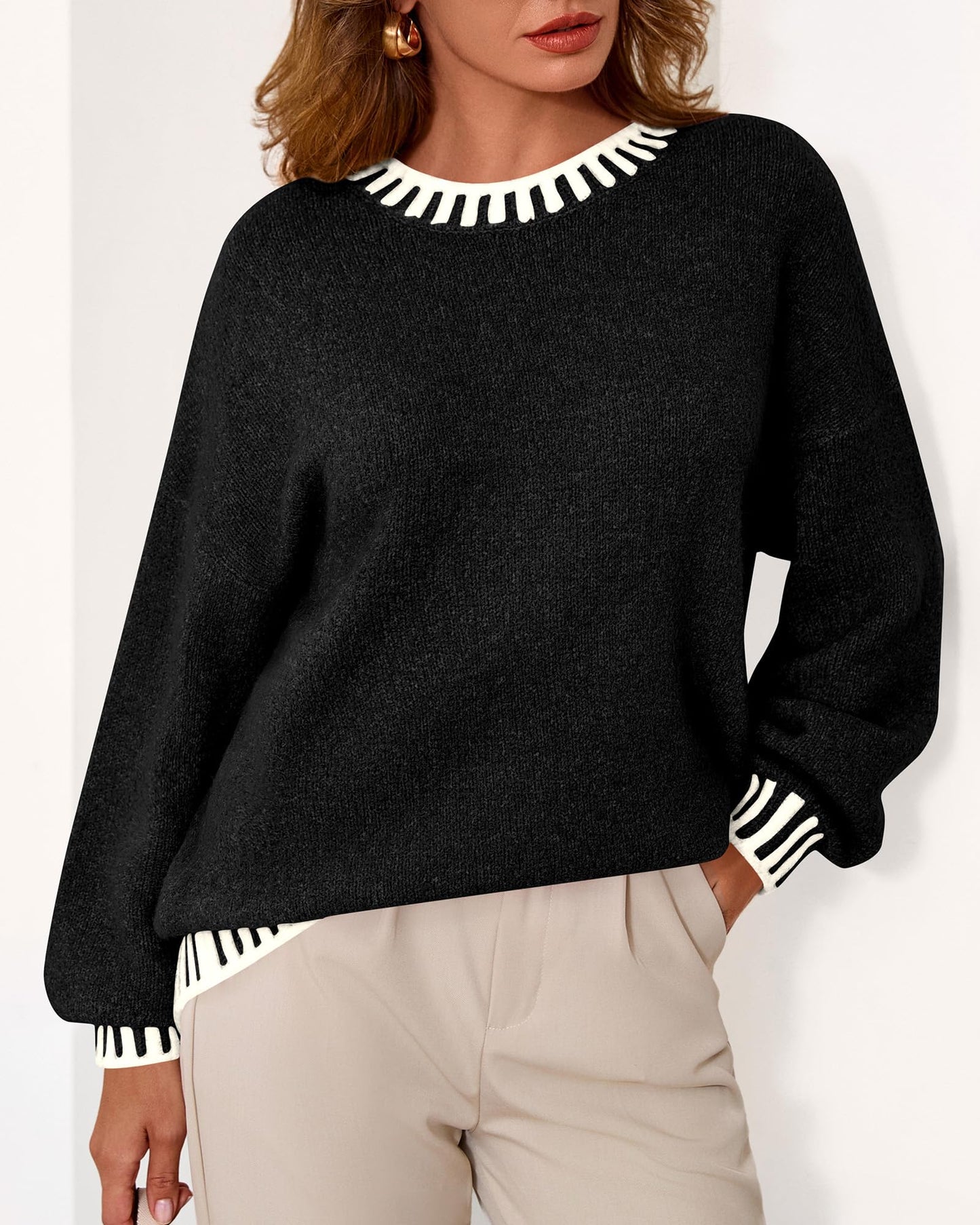KIRUNDO Oversized Sweaters for Women 2026 Long Sleeve Crewneck Fall Tops Contrast Chunky Knit Pullover Winter Clothes