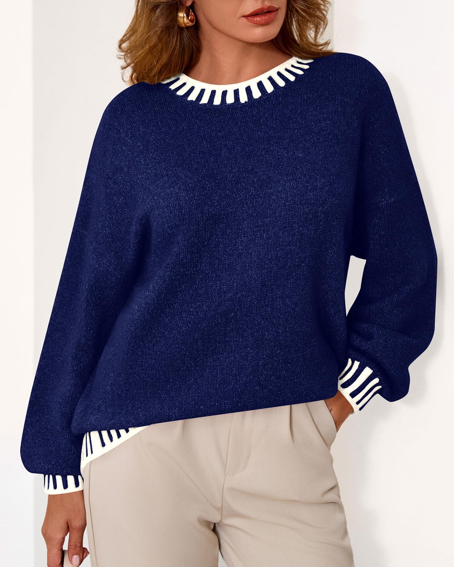KIRUNDO Oversized Sweaters for Women 2026 Long Sleeve Crewneck Fall Tops Contrast Chunky Knit Pullover Winter Clothes