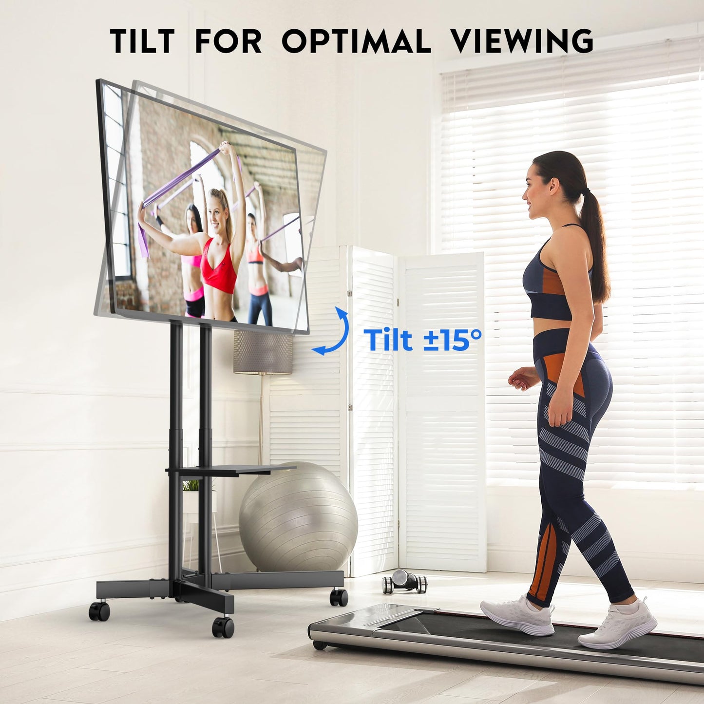 BONTEC Rolling TV Stand with Tilt, Mobile TV Cart for 32–85 Inch LED LCD Flat Curved TVs, Portable Stand with Laptop Shelf, Locking Wheels, Outdoor TV Stand Holds 132 lbs, Max VESA 600x400mm, White