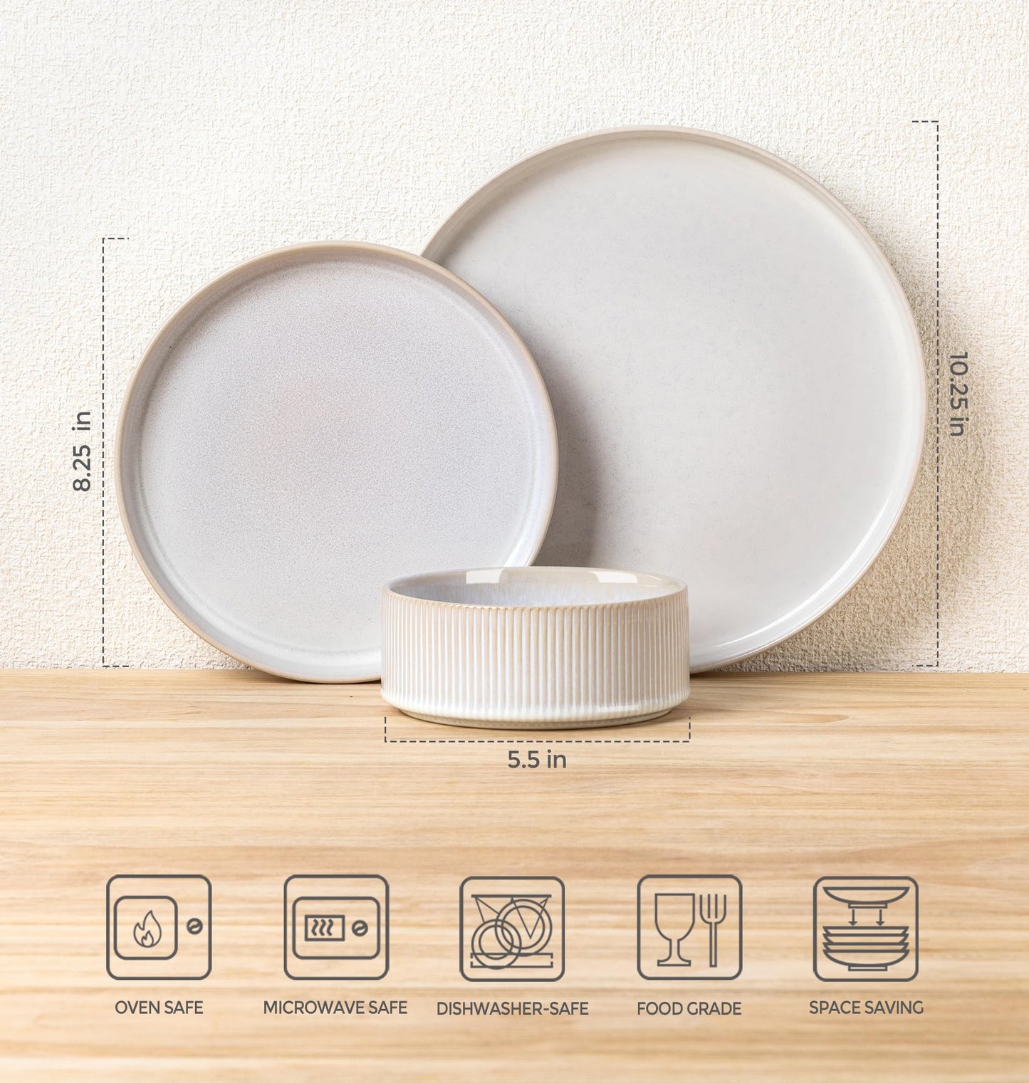 TheTerra Ceramic Dinnerware Sets for 4, 12 Pieces Porcelain Lightweight Plates and Bowls Sets, Scratch Resistant Dish Set, Oven & Microwave & Dishwasher Safe, Beige