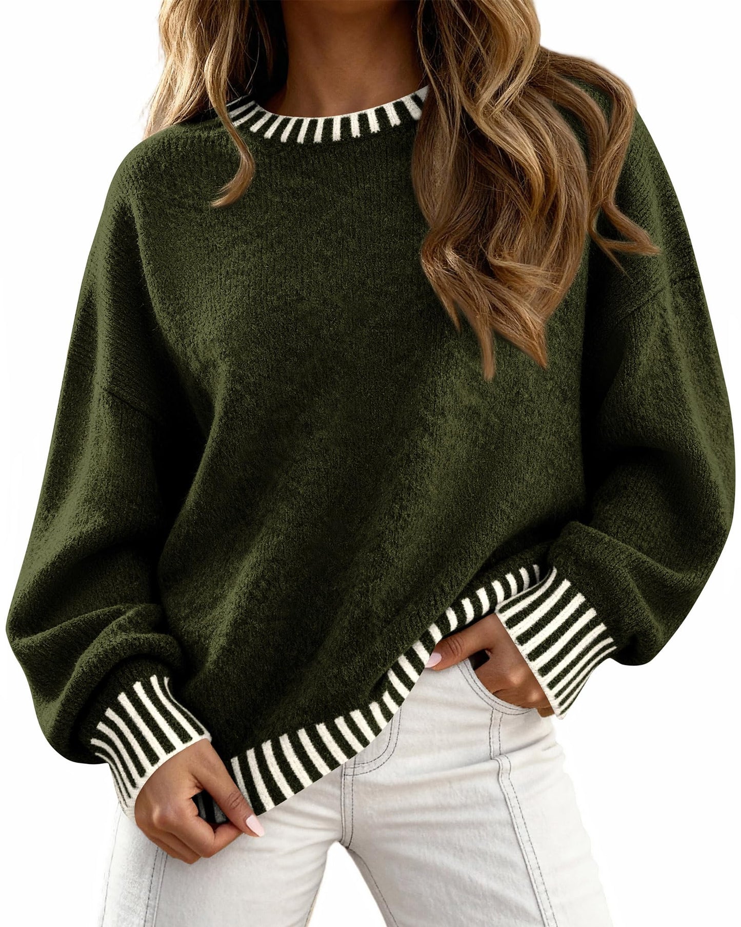 KIRUNDO Oversized Sweaters for Women 2026 Long Sleeve Crewneck Fall Tops Contrast Chunky Knit Pullover Winter Clothes
