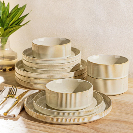 TheTerra Ceramic Dinnerware Sets for 4, 12 Pieces Porcelain Lightweight Plates and Bowls Sets, Scratch Resistant Dish Set, Oven & Microwave & Dishwasher Safe, Beige