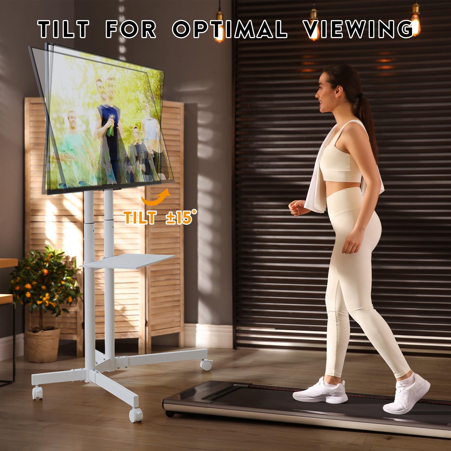 BONTEC Rolling TV Stand with Tilt, Mobile TV Cart for 32–85 Inch LED LCD Flat Curved TVs, Portable Stand with Laptop Shelf, Locking Wheels, Outdoor TV Stand Holds 132 lbs, Max VESA 600x400mm, White