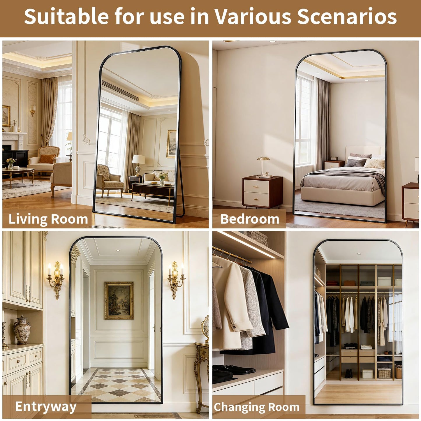 Full Length Mirror 65"x24" Arched Floor Standing Large Mirrors Full Body Mirror with Stand - with Aluminum Frame for Bedroom Living Room, Black