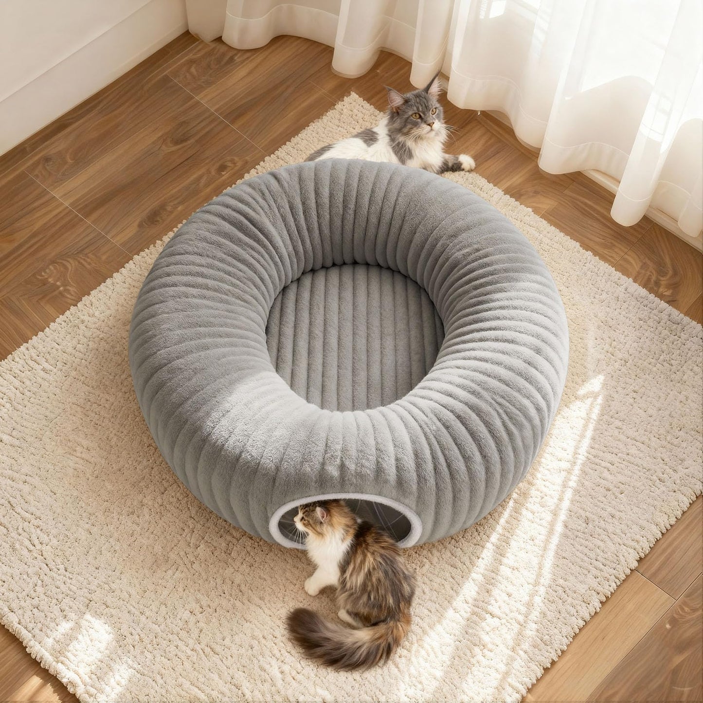 Cat Tunnel Bed with 40 Pcs Interactive Cat Toys, Cat Tube with Kitten Toys for Indoor Kittens, Collapsible Play Tunnel, White
