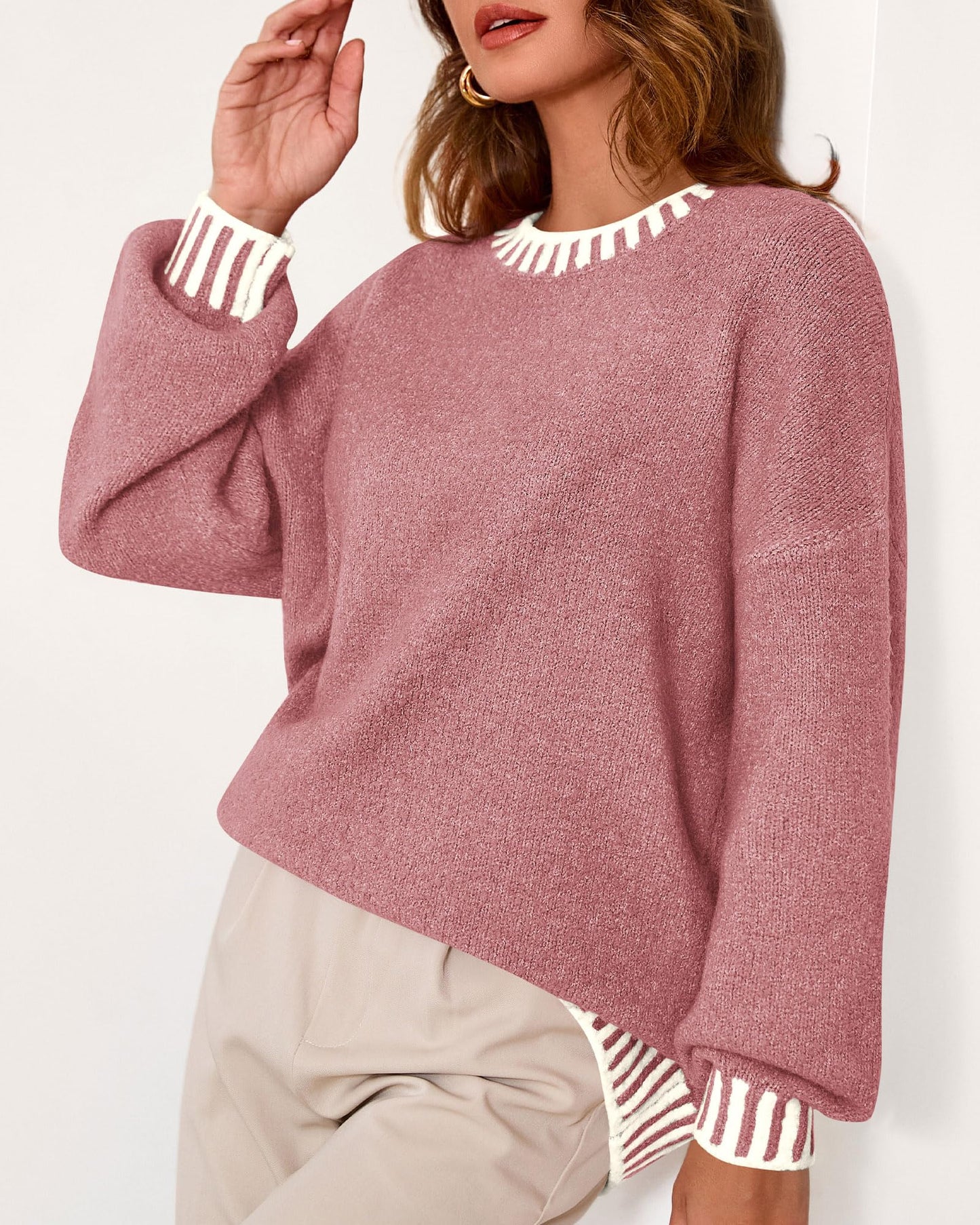 KIRUNDO Oversized Sweaters for Women 2026 Long Sleeve Crewneck Fall Tops Contrast Chunky Knit Pullover Winter Clothes