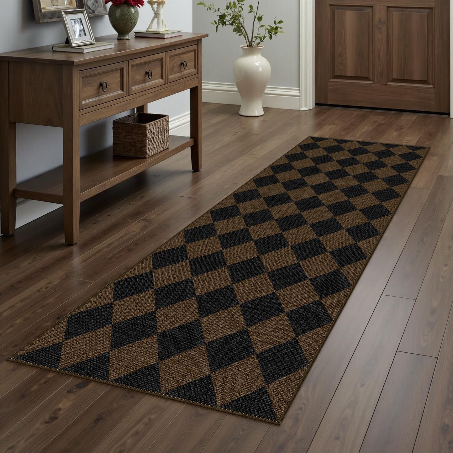 Rugalia Easy Jute Checkered Entryway Rug, 2x3 Black Modern Indoor Outdoor Doormat, Washable Non-Slip Neutral Small Kitchen Rug Farmhouse Diamond Throw Rugs for Entrance Bedroom Bathroom