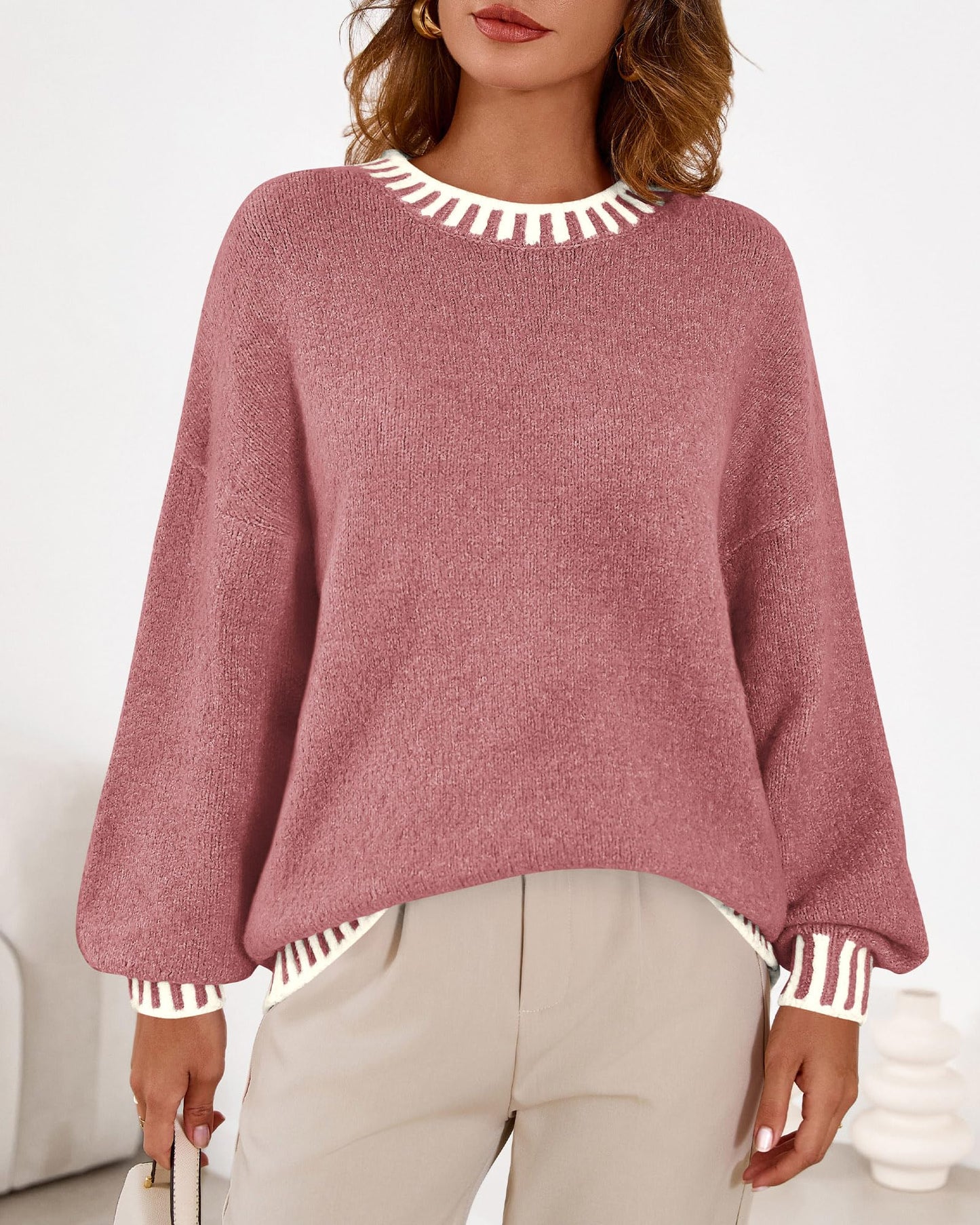 KIRUNDO Oversized Sweaters for Women 2026 Long Sleeve Crewneck Fall Tops Contrast Chunky Knit Pullover Winter Clothes