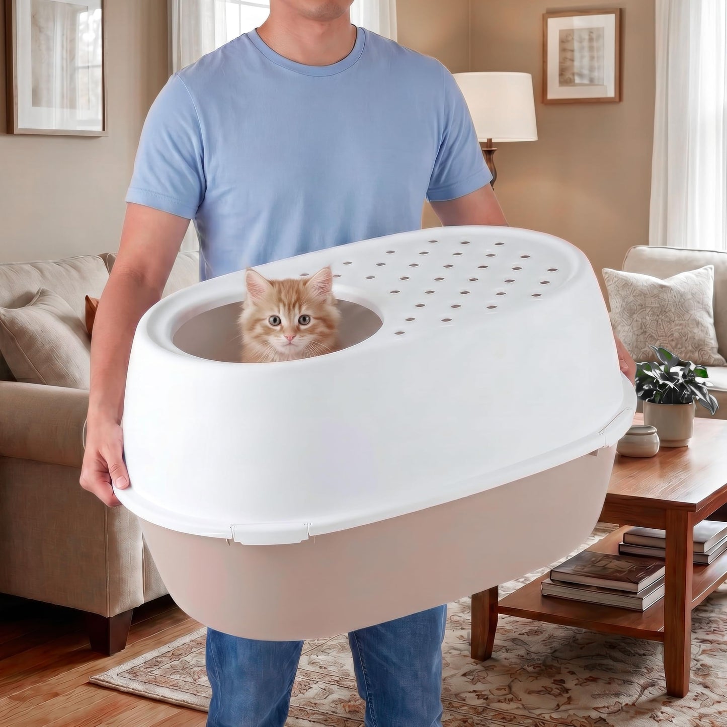IRIS USA Extra Large Litter Box XXL Open Top High Sided Walls Scatter Shield Scoop Included Easy Clean Plastic Pan for Big Cats Multi-Cat Households 30" L x 20" W x 14" H Black