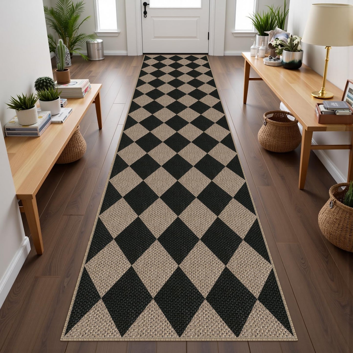 Rugalia Easy Jute Checkered Entryway Rug, 2x3 Black Modern Indoor Outdoor Doormat, Washable Non-Slip Neutral Small Kitchen Rug Farmhouse Diamond Throw Rugs for Entrance Bedroom Bathroom