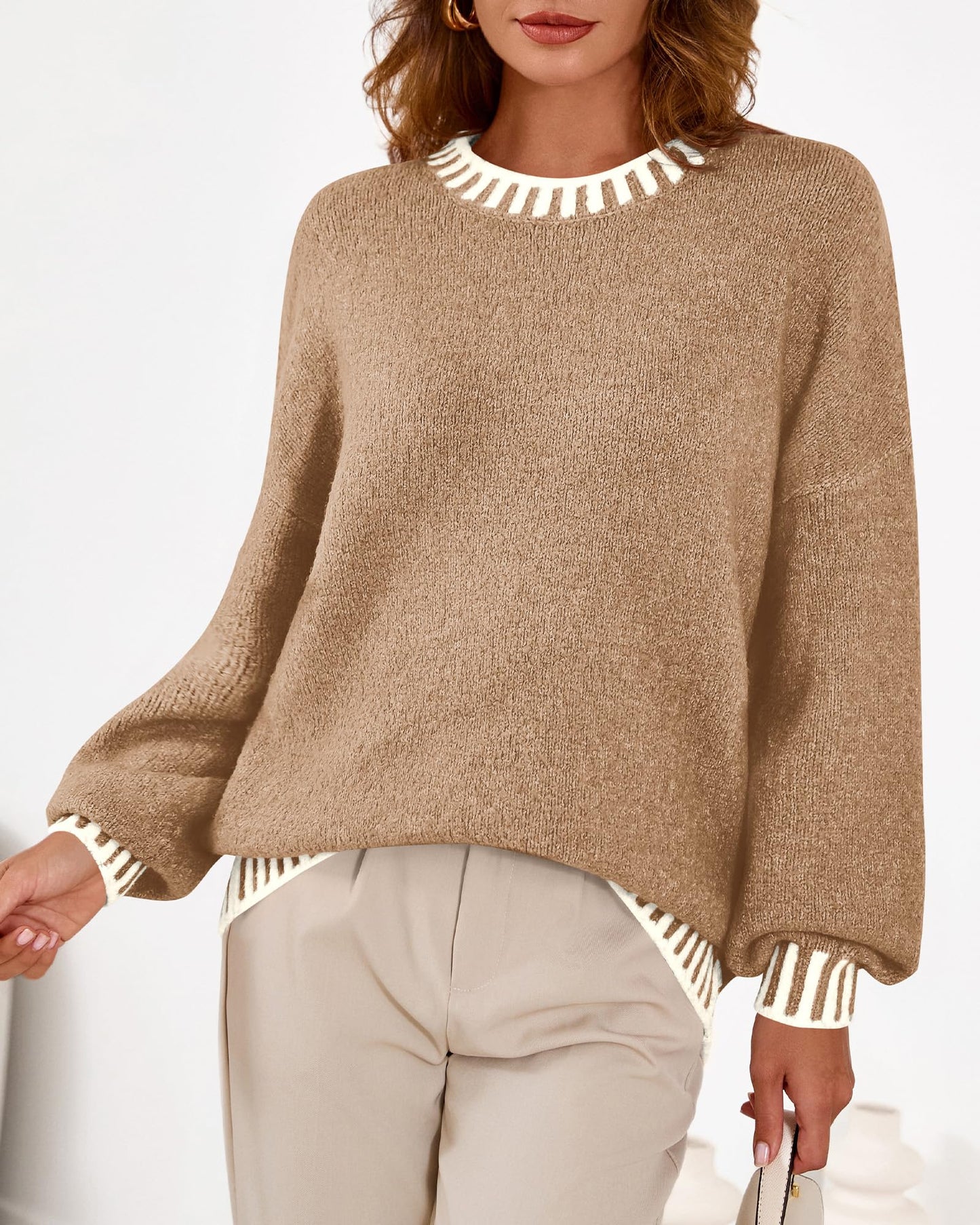 KIRUNDO Oversized Sweaters for Women 2026 Long Sleeve Crewneck Fall Tops Contrast Chunky Knit Pullover Winter Clothes
