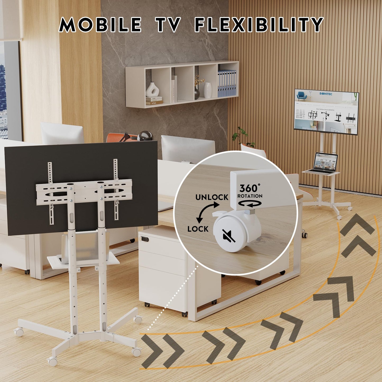 BONTEC Rolling TV Stand with Tilt, Mobile TV Cart for 32–85 Inch LED LCD Flat Curved TVs, Portable Stand with Laptop Shelf, Locking Wheels, Outdoor TV Stand Holds 132 lbs, Max VESA 600x400mm, White
