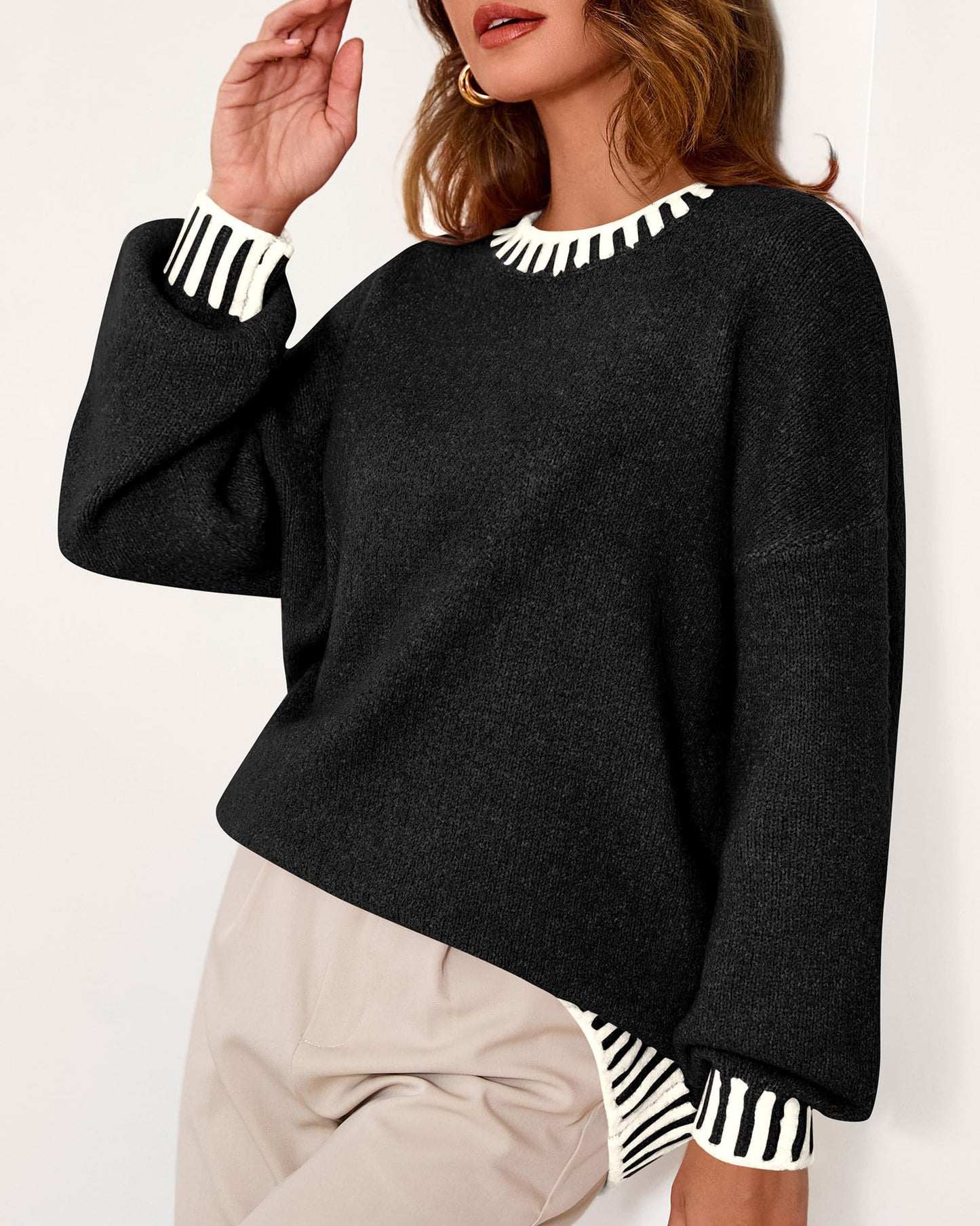 KIRUNDO Oversized Sweaters for Women 2026 Long Sleeve Crewneck Fall Tops Contrast Chunky Knit Pullover Winter Clothes