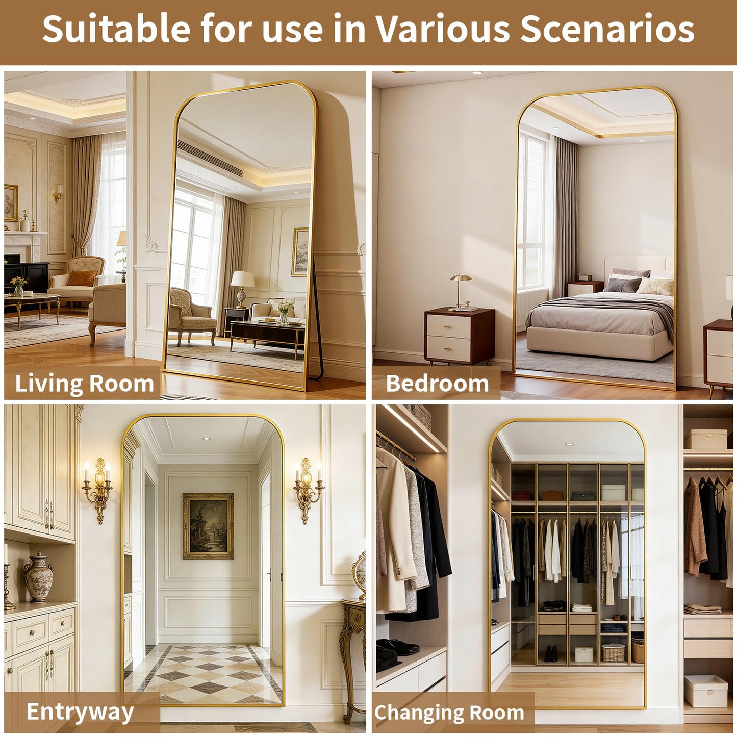 Full Length Mirror 65"x24" Arched Floor Standing Large Mirrors Full Body Mirror with Stand - with Aluminum Frame for Bedroom Living Room, Black