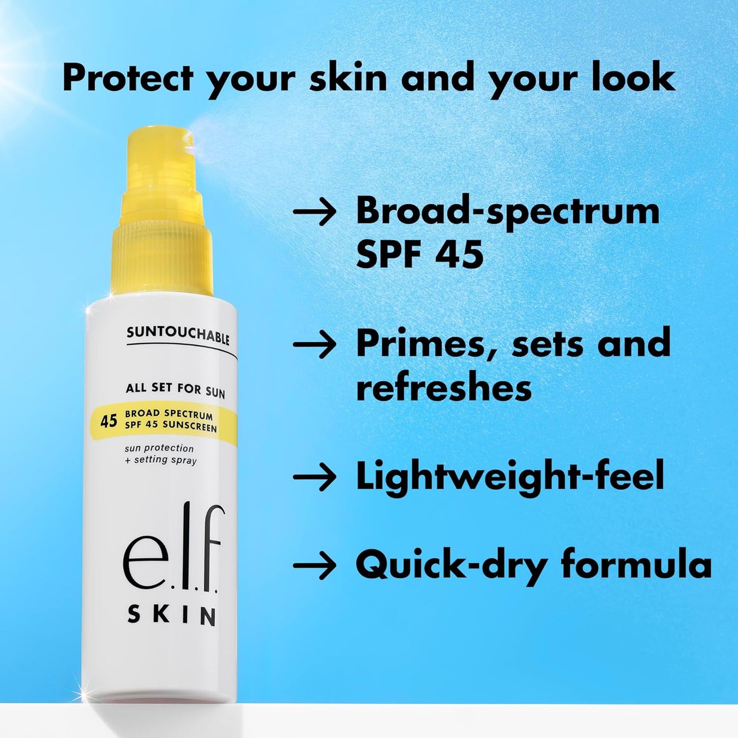 e.l.f. SKIN All Set For Sun SPF 45 Setting Spray, Clear Makeup Setting Mist + Sunscreen, Weightless SPF Face Protection & Makeup-Locking Spray, Vegan & Cruelty-Free