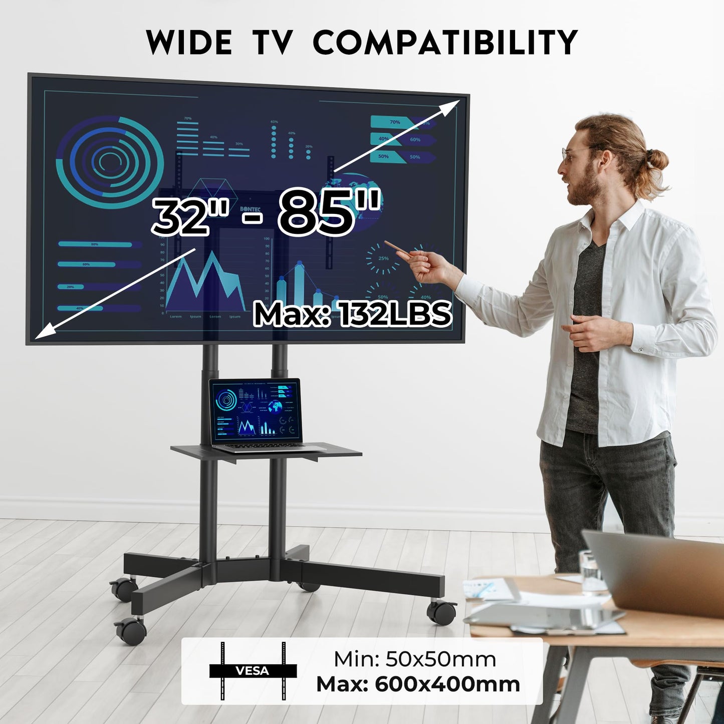 BONTEC Rolling TV Stand with Tilt, Mobile TV Cart for 32–85 Inch LED LCD Flat Curved TVs, Portable Stand with Laptop Shelf, Locking Wheels, Outdoor TV Stand Holds 132 lbs, Max VESA 600x400mm, White
