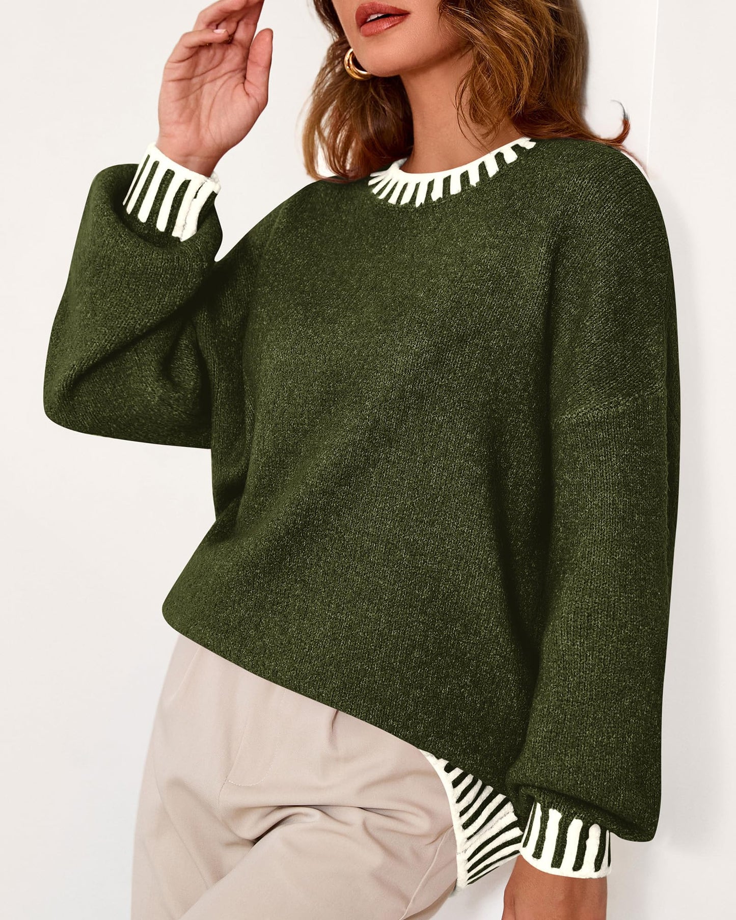KIRUNDO Oversized Sweaters for Women 2026 Long Sleeve Crewneck Fall Tops Contrast Chunky Knit Pullover Winter Clothes