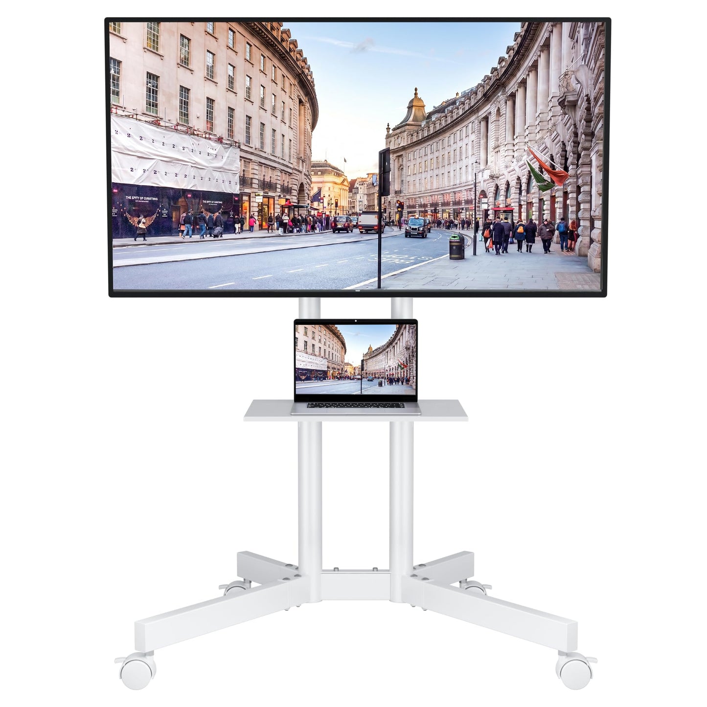 BONTEC Rolling TV Stand with Tilt, Mobile TV Cart for 32–85 Inch LED LCD Flat Curved TVs, Portable Stand with Laptop Shelf, Locking Wheels, Outdoor TV Stand Holds 132 lbs, Max VESA 600x400mm, White