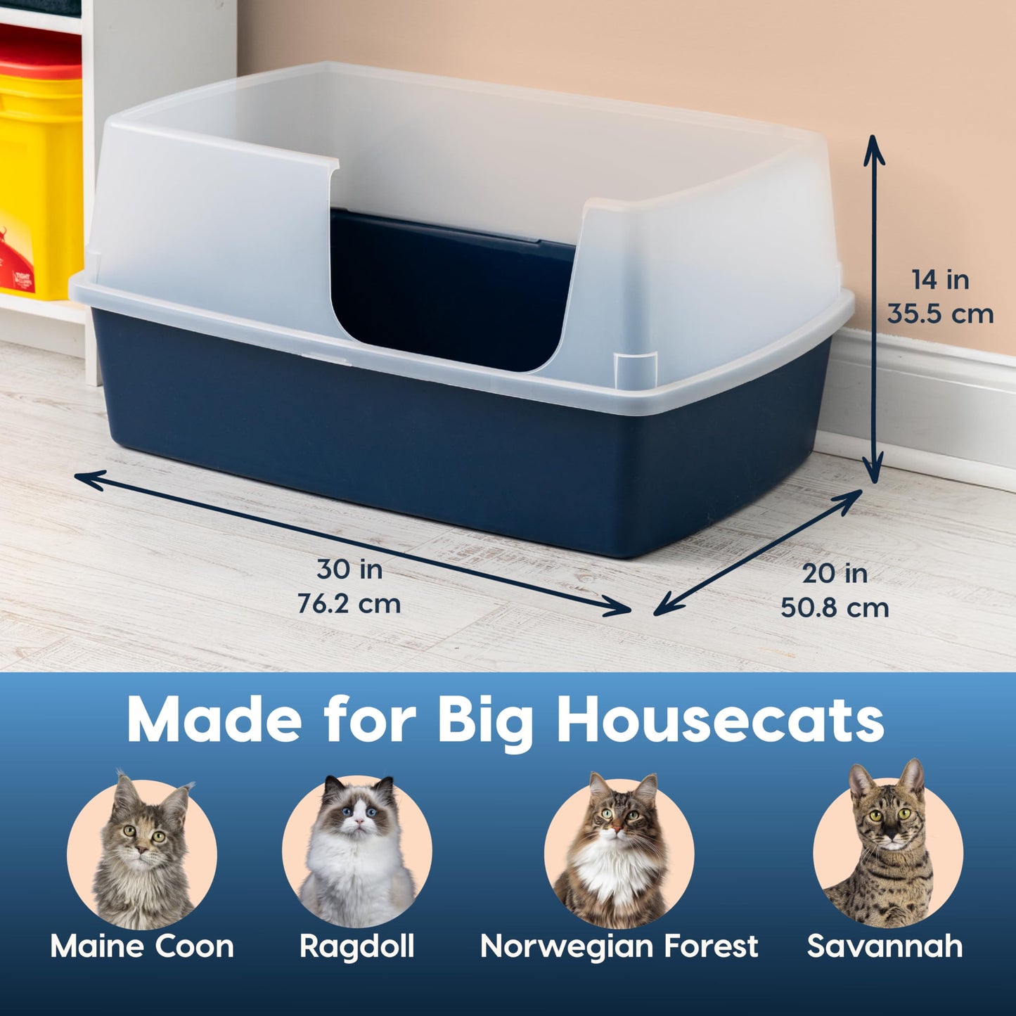 IRIS USA Extra Large Litter Box XXL Open Top High Sided Walls Scatter Shield Scoop Included Easy Clean Plastic Pan for Big Cats Multi-Cat Households 30" L x 20" W x 14" H Black