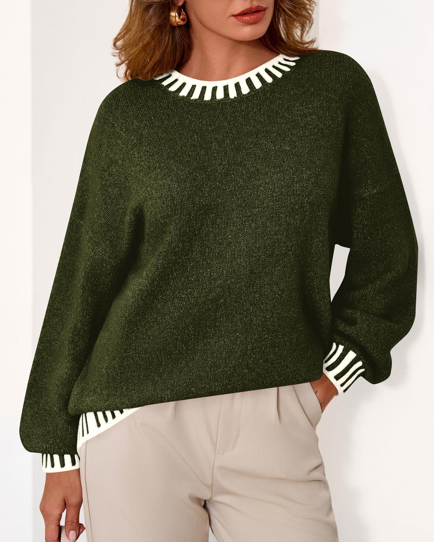 KIRUNDO Oversized Sweaters for Women 2026 Long Sleeve Crewneck Fall Tops Contrast Chunky Knit Pullover Winter Clothes