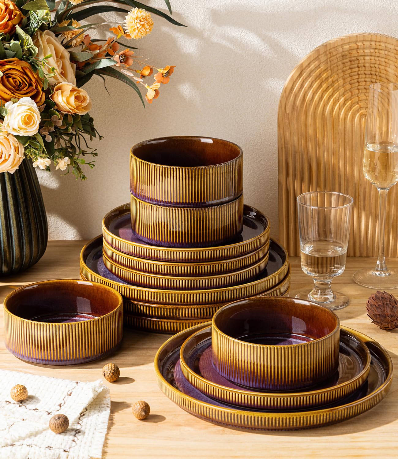 TheTerra Ceramic Dinnerware Sets for 4, 12 Pieces Porcelain Lightweight Plates and Bowls Sets, Scratch Resistant Dish Set, Oven & Microwave & Dishwasher Safe, Beige