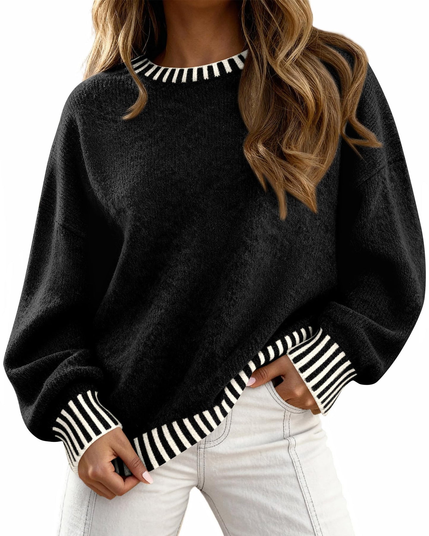 KIRUNDO Oversized Sweaters for Women 2026 Long Sleeve Crewneck Fall Tops Contrast Chunky Knit Pullover Winter Clothes