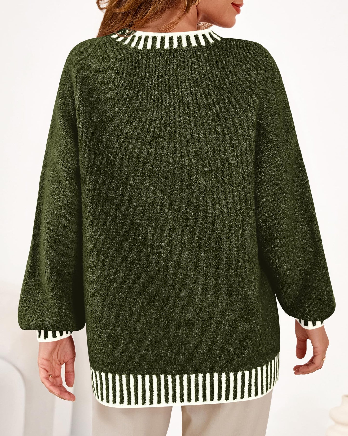 KIRUNDO Oversized Sweaters for Women 2026 Long Sleeve Crewneck Fall Tops Contrast Chunky Knit Pullover Winter Clothes