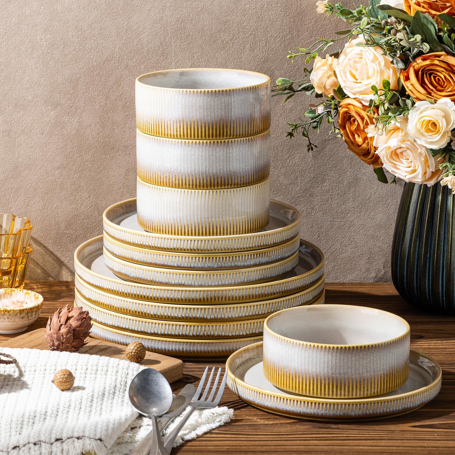 TheTerra Ceramic Dinnerware Sets for 4, 12 Pieces Porcelain Lightweight Plates and Bowls Sets, Scratch Resistant Dish Set, Oven & Microwave & Dishwasher Safe, Beige