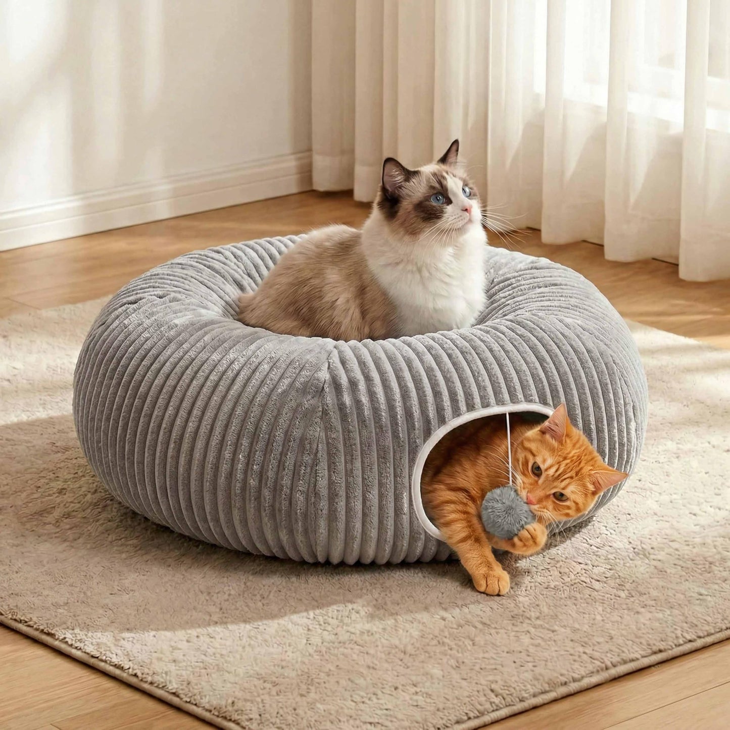 Cat Tunnel Bed with 40 Pcs Interactive Cat Toys, Cat Tube with Kitten Toys for Indoor Kittens, Collapsible Play Tunnel, White