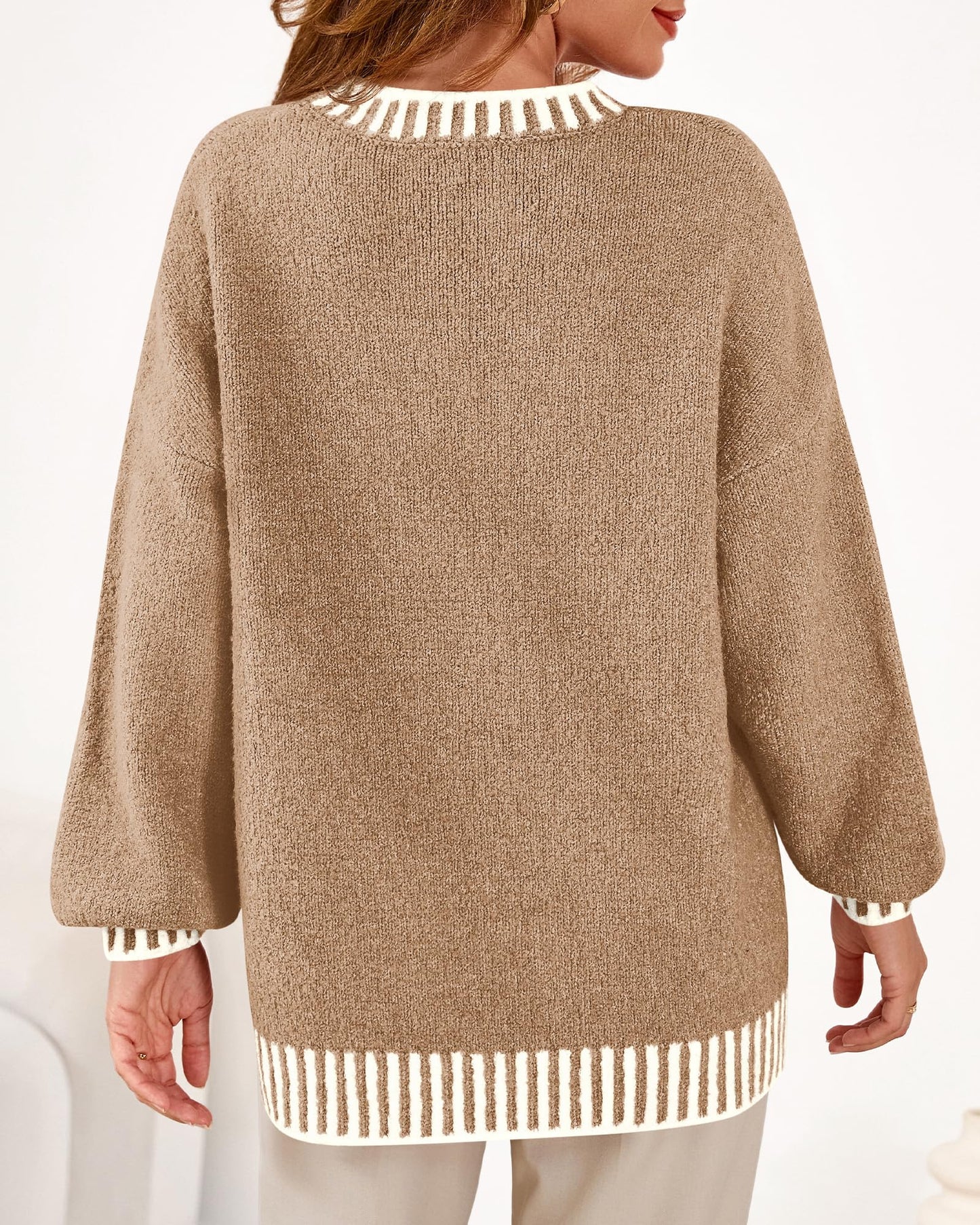 KIRUNDO Oversized Sweaters for Women 2026 Long Sleeve Crewneck Fall Tops Contrast Chunky Knit Pullover Winter Clothes