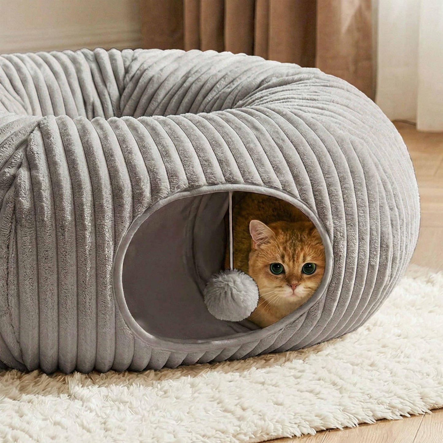 Cat Tunnel Bed with 40 Pcs Interactive Cat Toys, Cat Tube with Kitten Toys for Indoor Kittens, Collapsible Play Tunnel, White