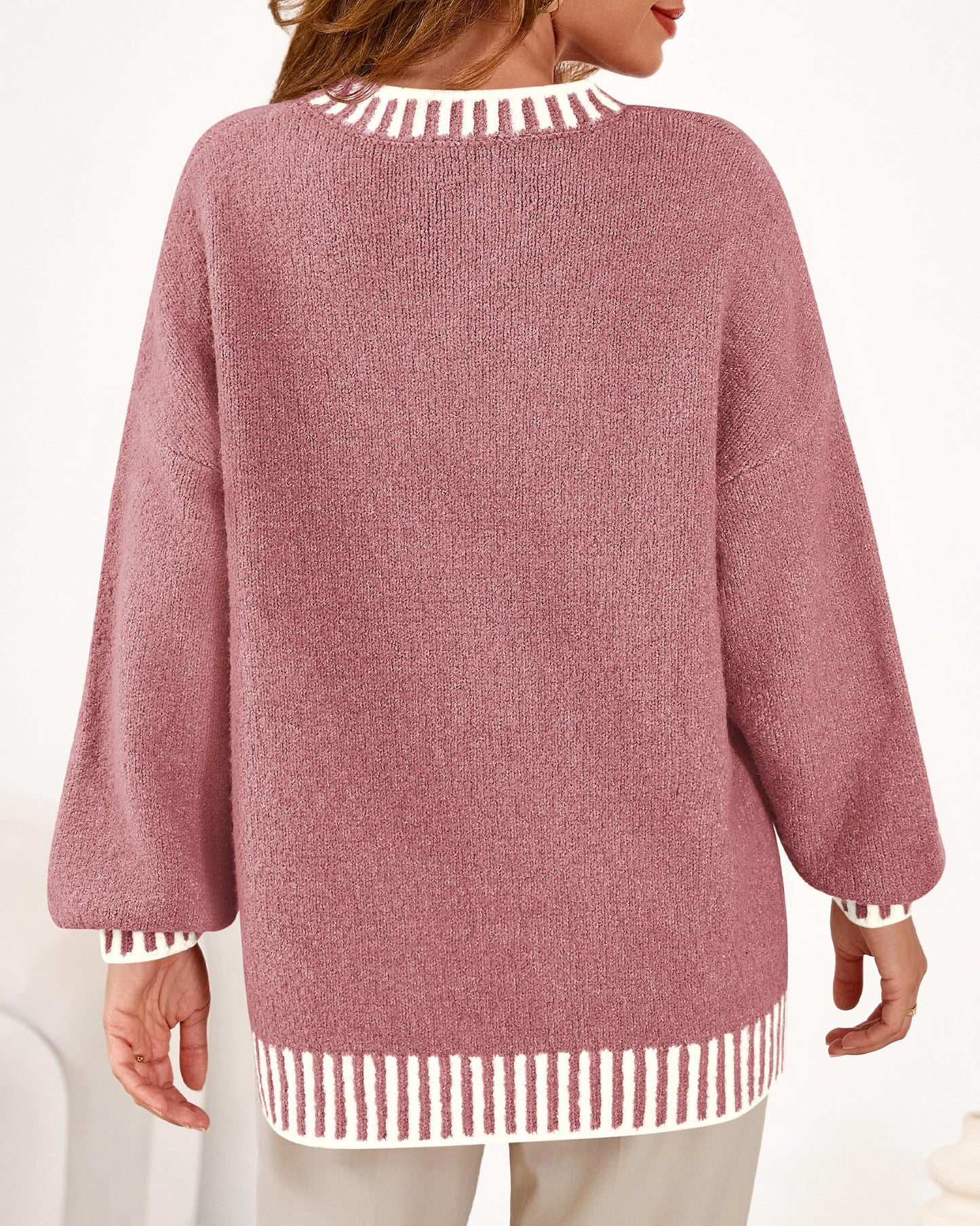 KIRUNDO Oversized Sweaters for Women 2026 Long Sleeve Crewneck Fall Tops Contrast Chunky Knit Pullover Winter Clothes