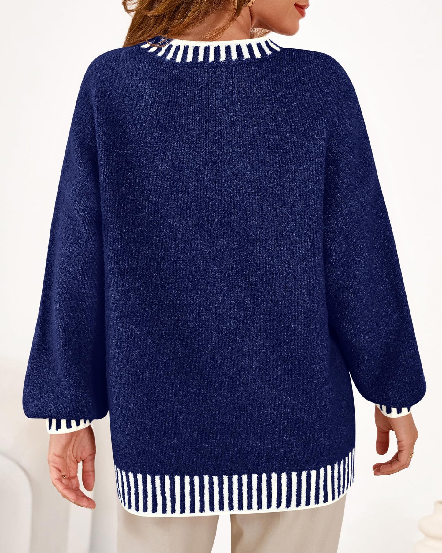 KIRUNDO Oversized Sweaters for Women 2026 Long Sleeve Crewneck Fall Tops Contrast Chunky Knit Pullover Winter Clothes