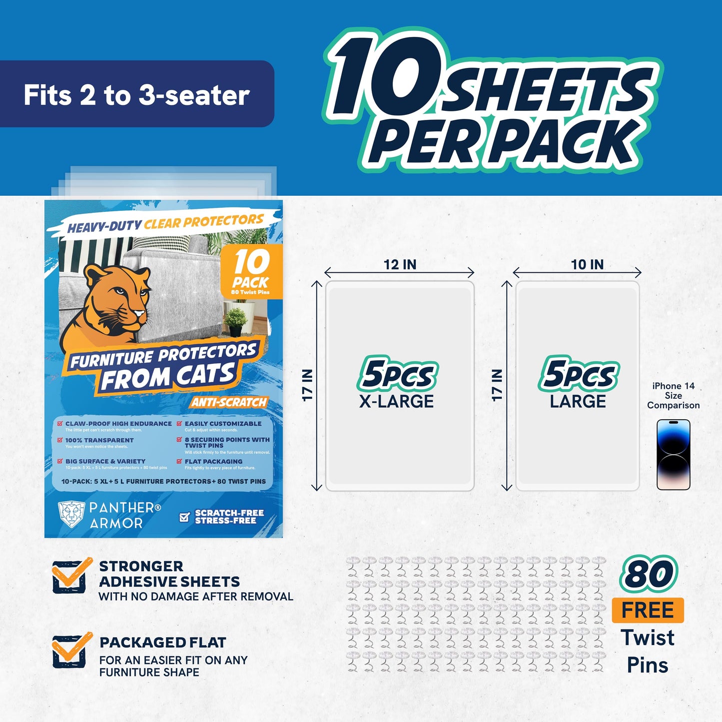 8 Pack Cat Scratch Furniture Protector Sheets – Matte Finish Couch & Sofa Guard from Cat Claws – Easy Apply, Removable, with Twist Pins (4 XL + 4 Large)